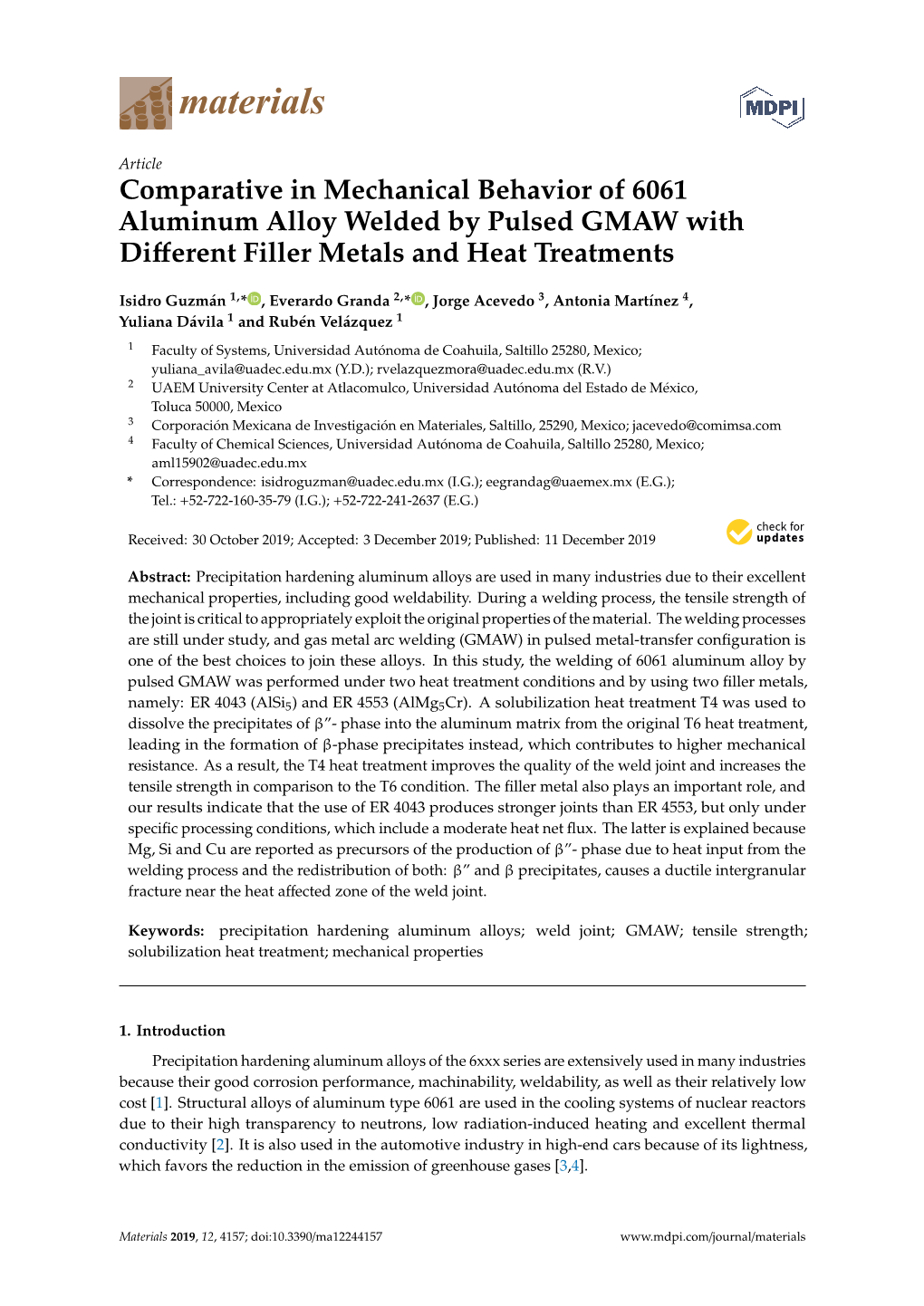 Comparative in Mechanical Behavior of 6061 Aluminum Alloy Welded by Pulsed GMAW with Diﬀerent Filler Metals and Heat Treatments