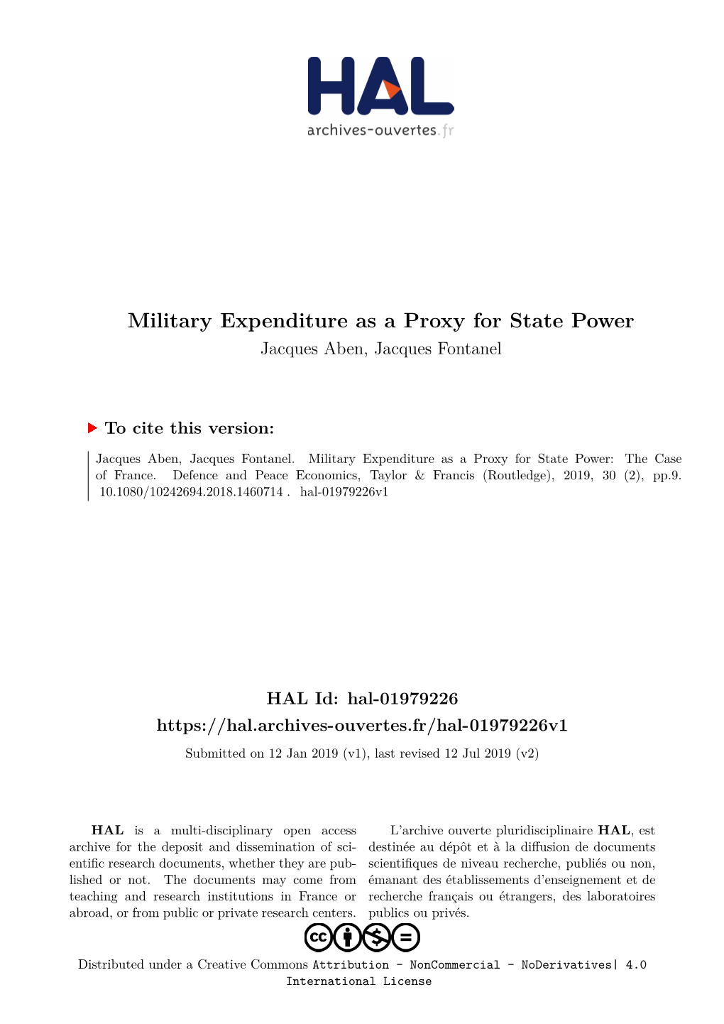 Military Expenditure As a Proxy for State Power Jacques Aben, Jacques Fontanel