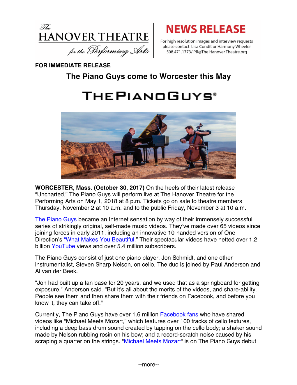 The Piano Guys Come to Worcester This May