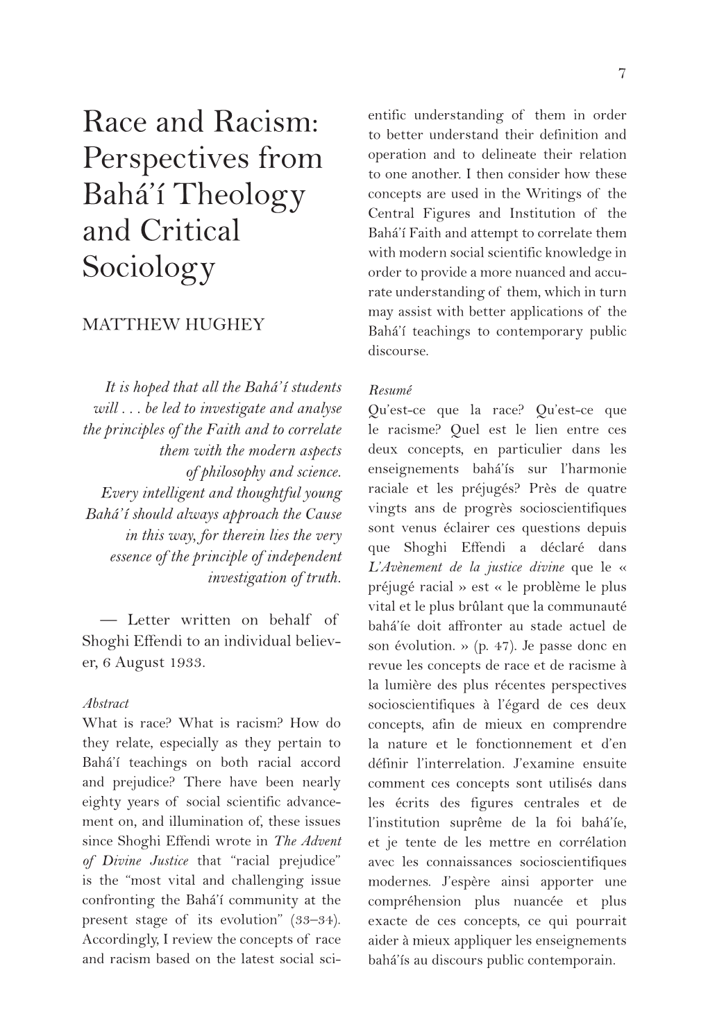 Race and Racism: Perspectives from Bahá'í Theology and Critical
