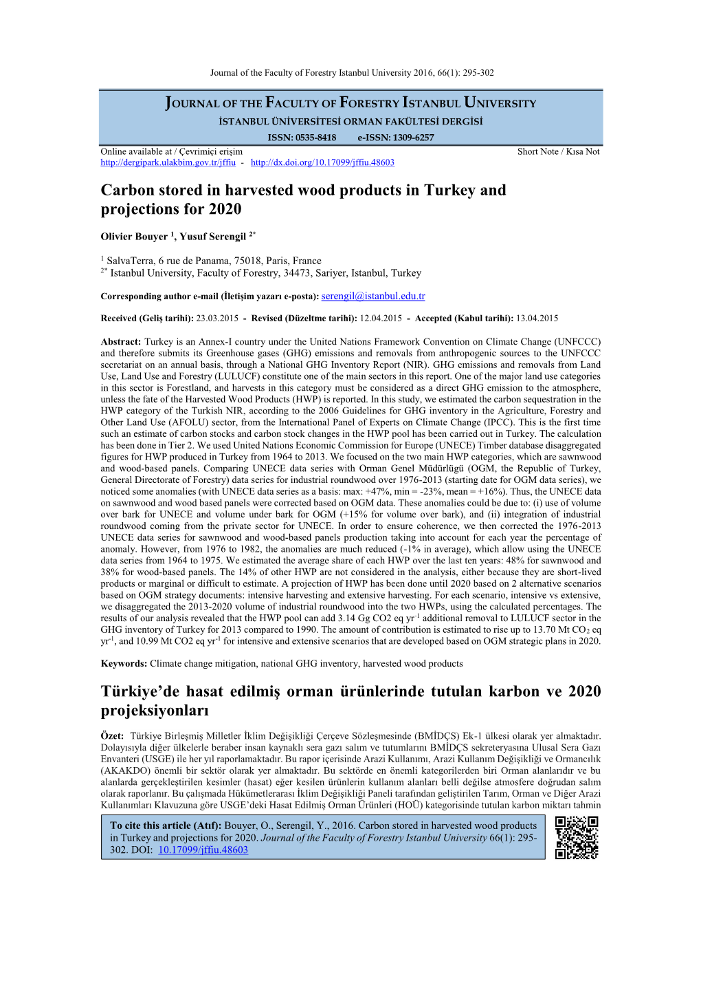 Carbon Stored in Harvested Wood Products in Turkey and Projections for 2020