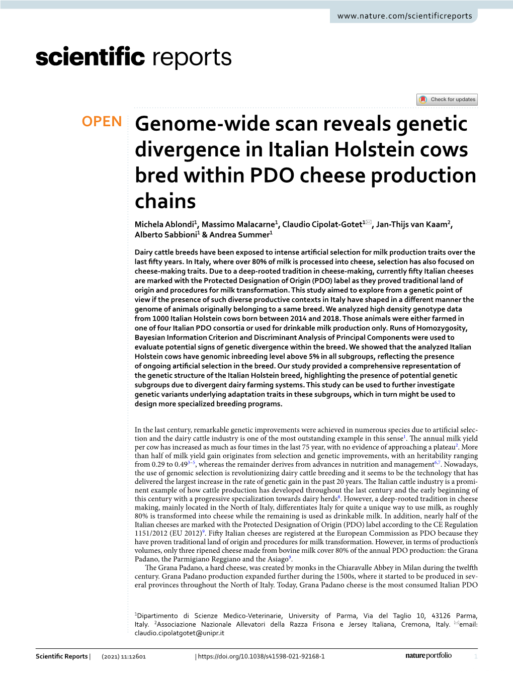 Genome-Wide Scan Reveals Genetic Divergence in Italian Holstein Cows Bred Within PDO Cheese Production Chains