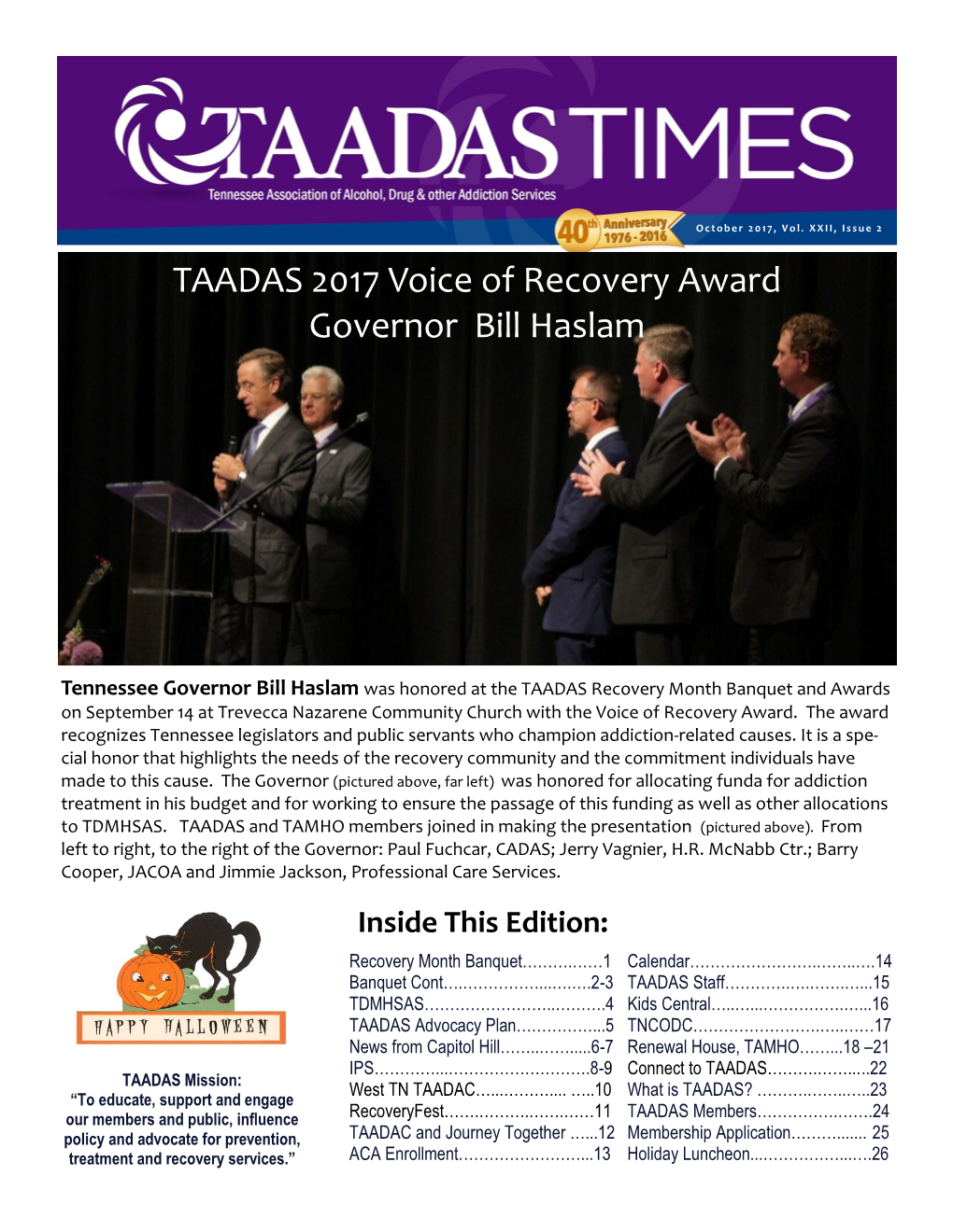 TAADAS 2017 Voice of Recovery Award Governor Bill Haslam