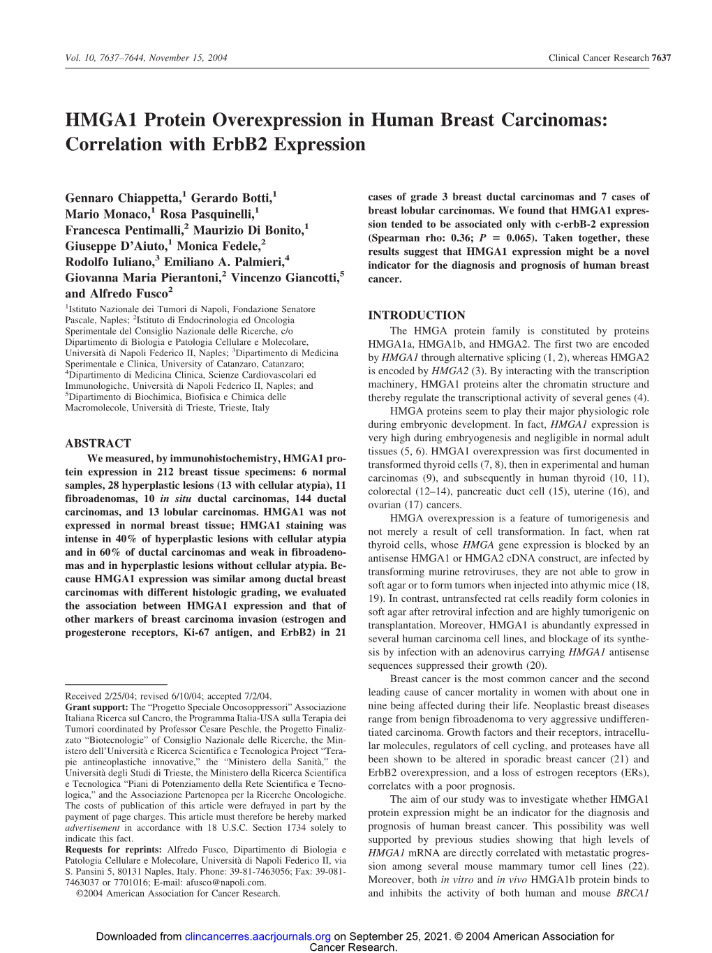 HMGA1 Protein Overexpression in Human Breast Carcinomas: Correlation with Erbb2 Expression