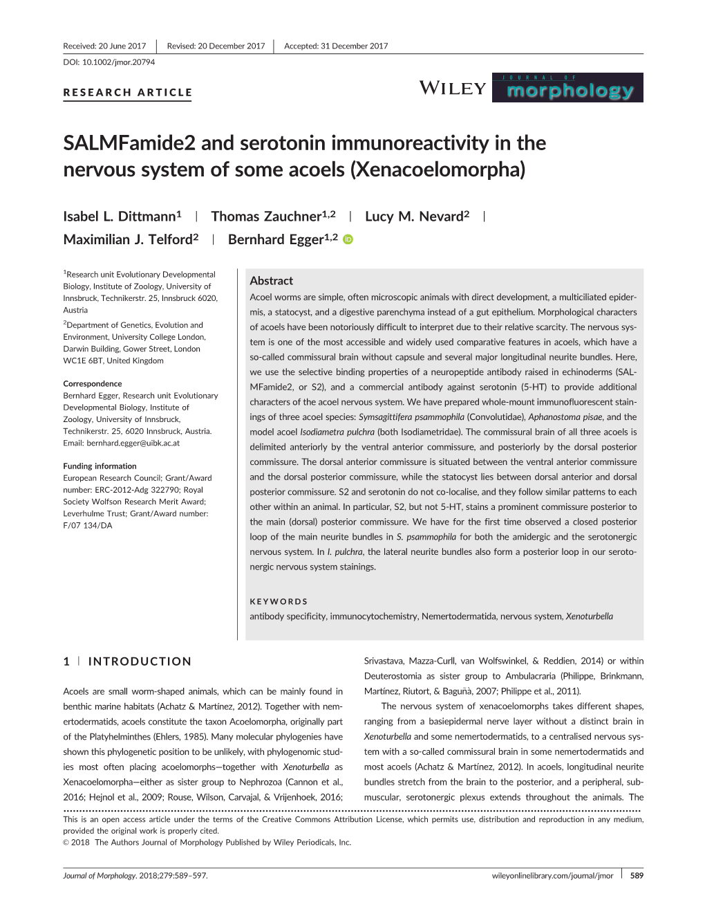 Salmfamide2 and Serotonin Immunoreactivity in the Nervous System of Some Acoels (Xenacoelomorpha)