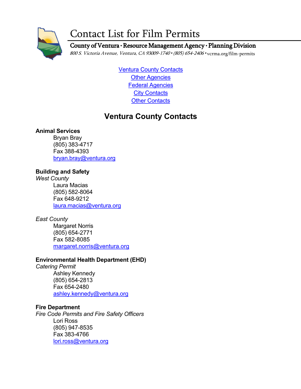 Contact List for Film Permits County of Ventura • Resource Management Agency • Planning Division 800 S