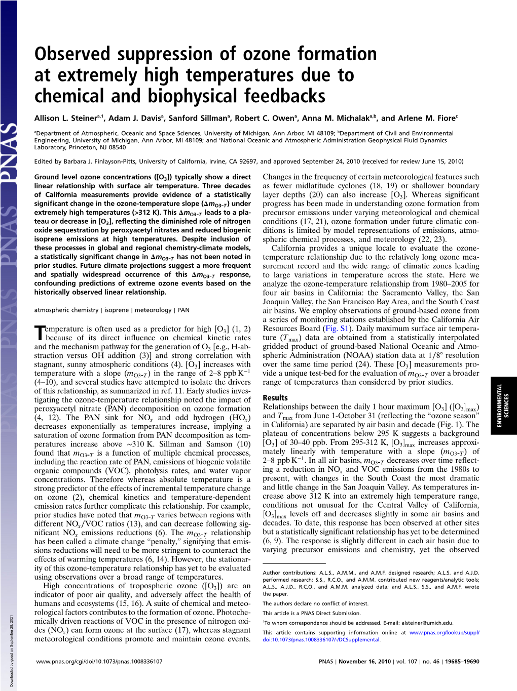 Observed Suppression of Ozone Formation at Extremely High Temperatures Due to Chemical and Biophysical Feedbacks