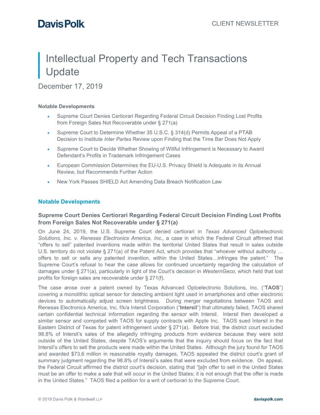 Intellectual Property and Tech Transactions Update December 17, 2019