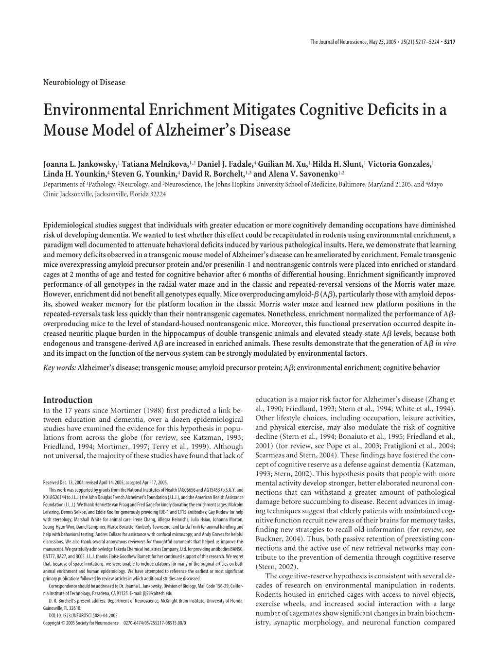 Environmental Enrichment Mitigates Cognitive Deficits in a Mouse Model of Alzheimer’S Disease