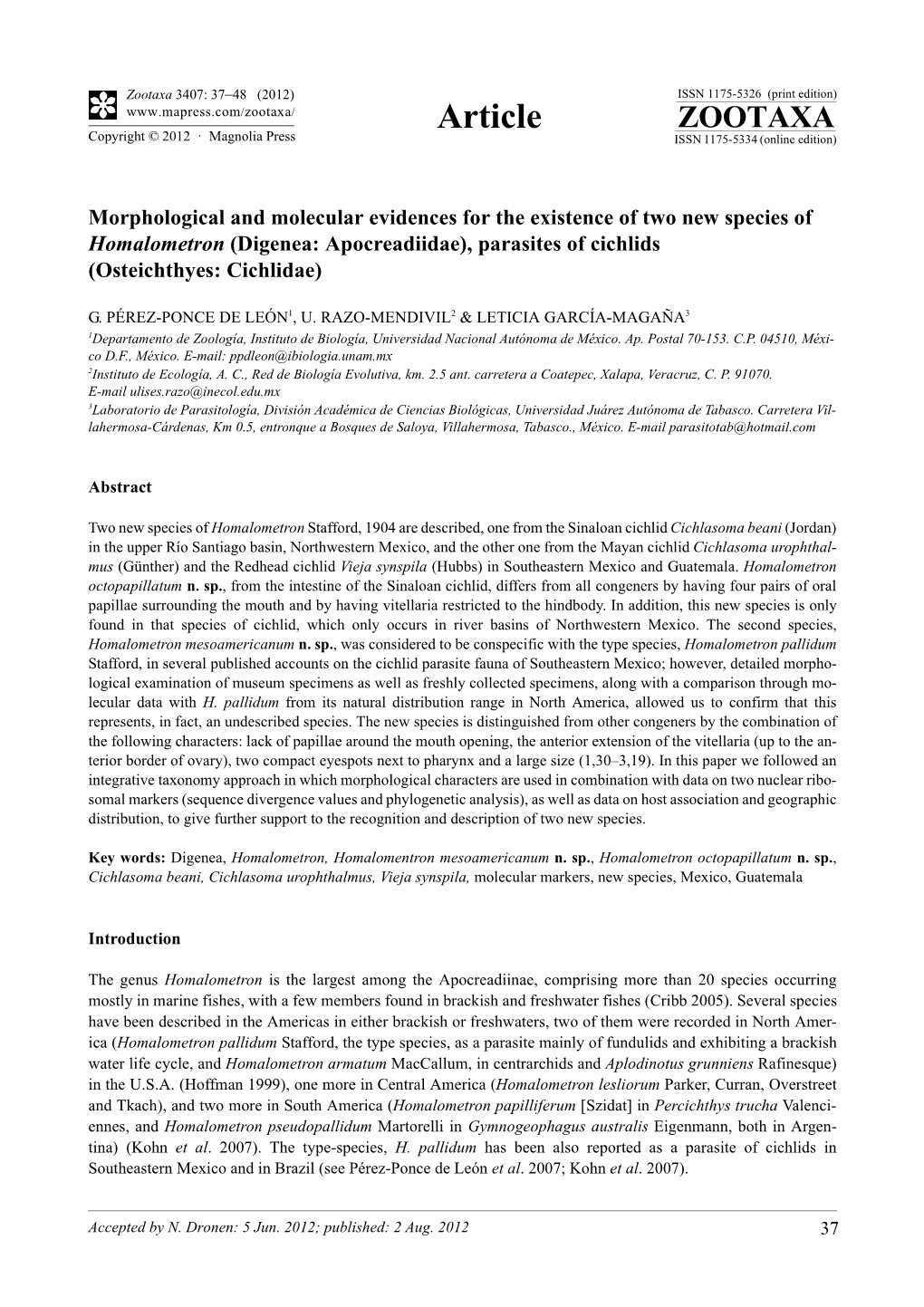 Digenea: Apocreadiidae), Parasites of Cichlids (Osteichthyes: Cichlidae)