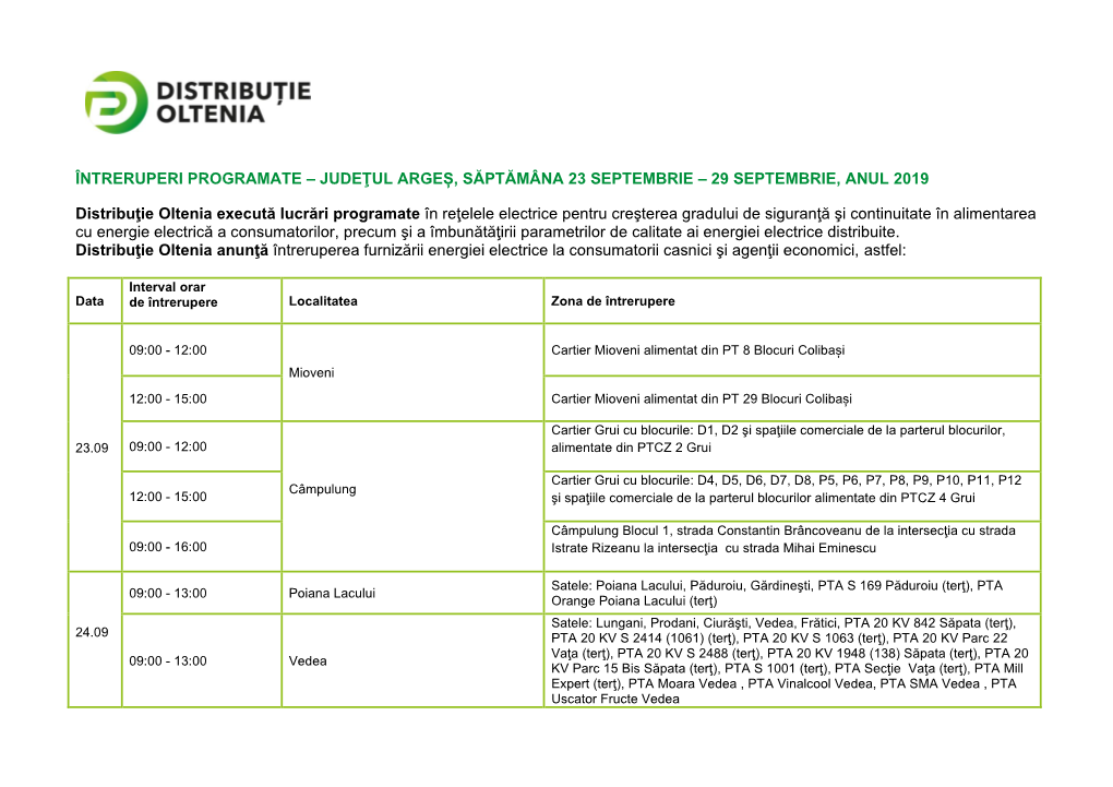 Întreruperi Programate – Judeţul Argeș, Săptămâna 23 Septembrie – 29 Septembrie, Anul 2019