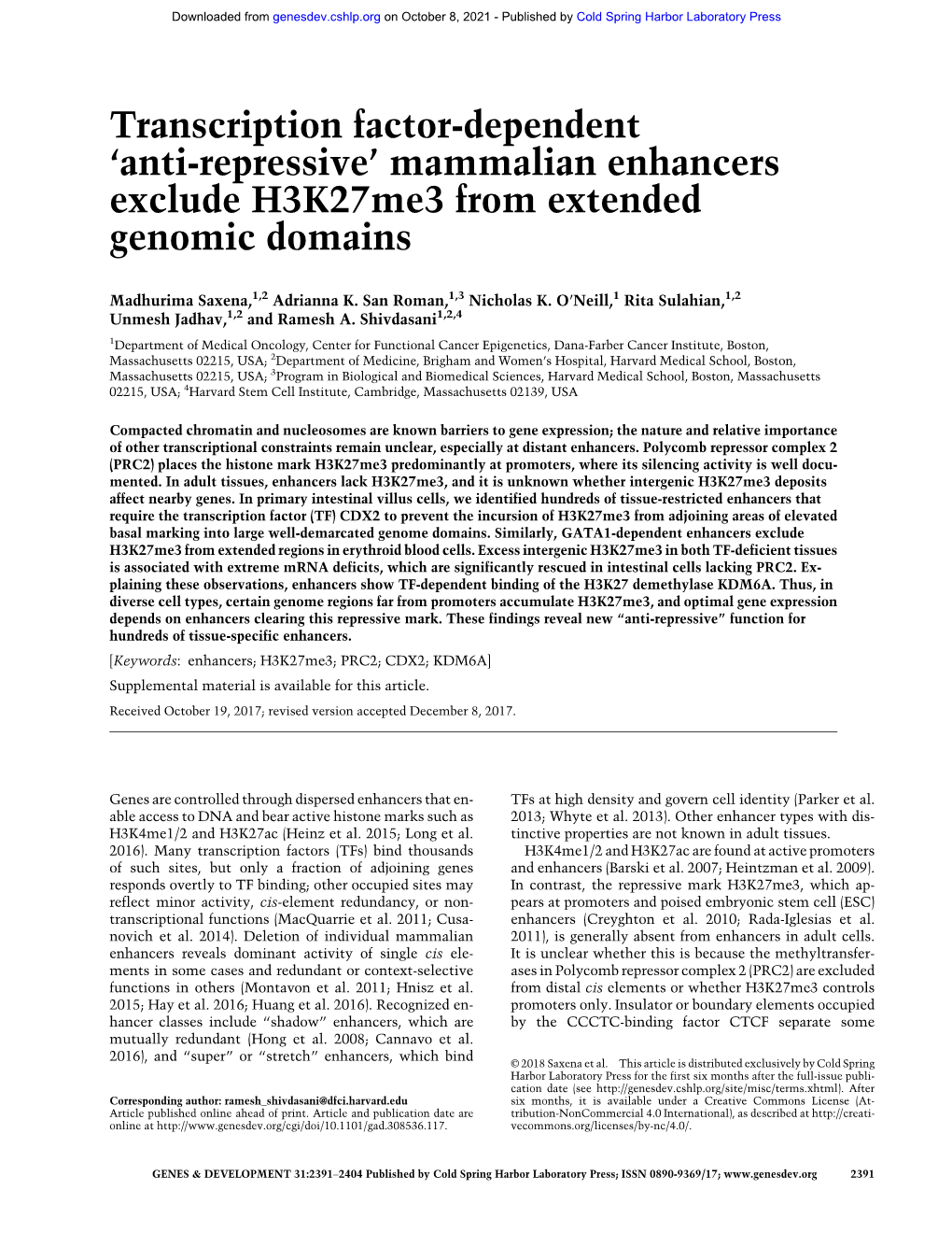 Mammalian Enhancers Exclude H3k27me3 from Extended Genomic Domains