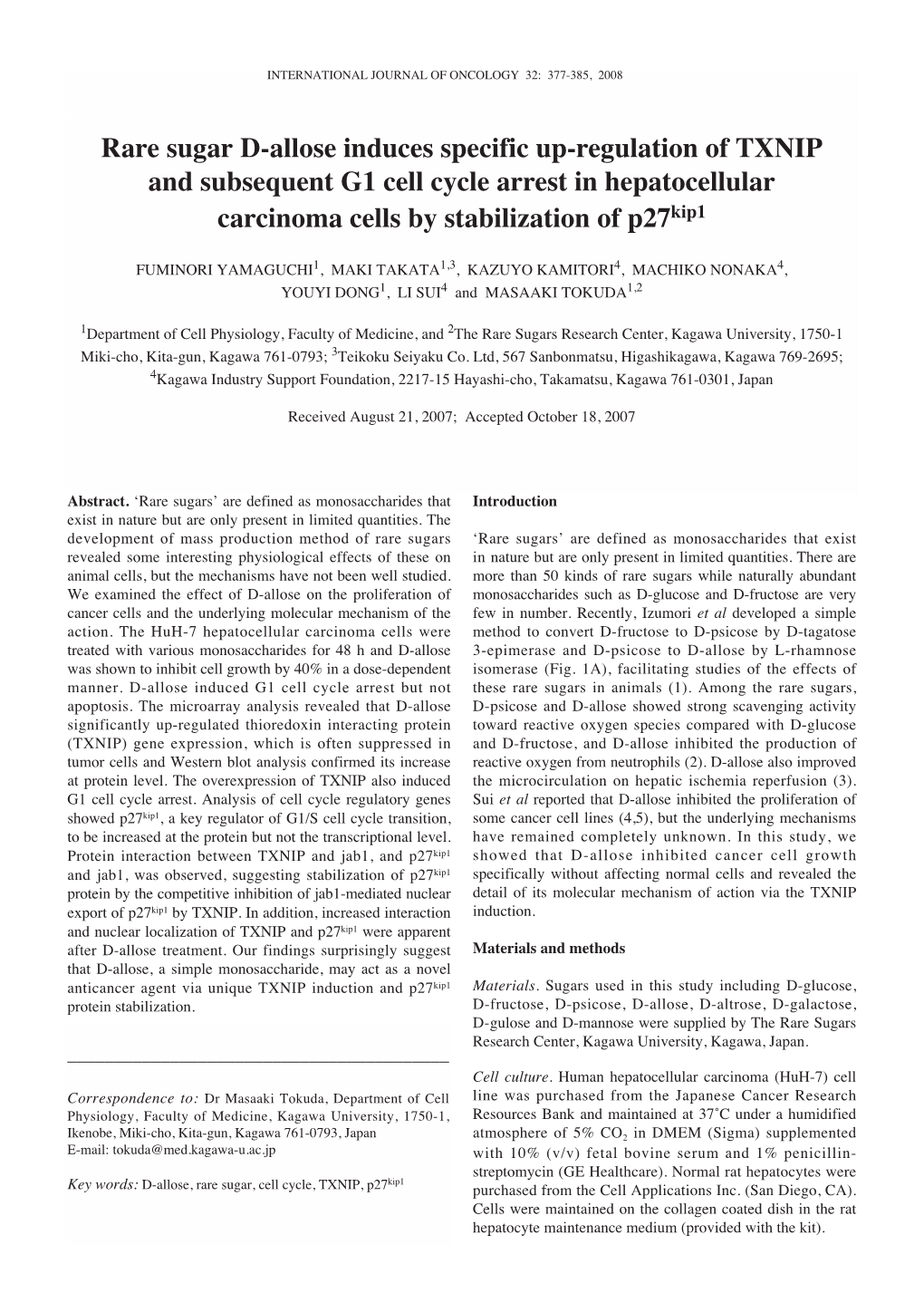 Rare Sugar D-Allose Induces Specific Up-Regulation of TXNIP and Subsequent G1 Cell Cycle Arrest in Hepatocellular Carcinoma Cells by Stabilization of P27kip1