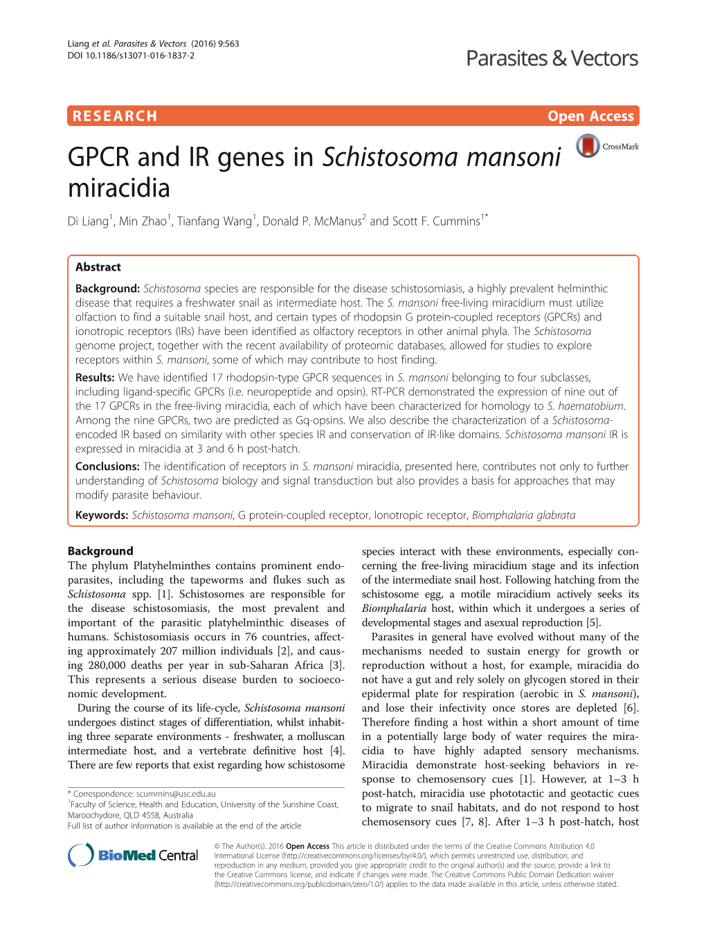 GPCR and IR Genes in Schistosoma Mansoni Miracidia Di Liang1, Min Zhao1, Tianfang Wang1, Donald P