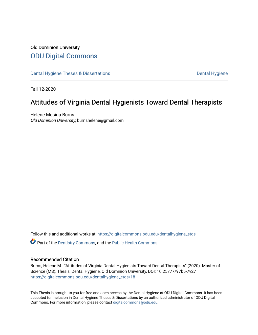 Attitudes of Virginia Dental Hygienists Toward Dental Therapists