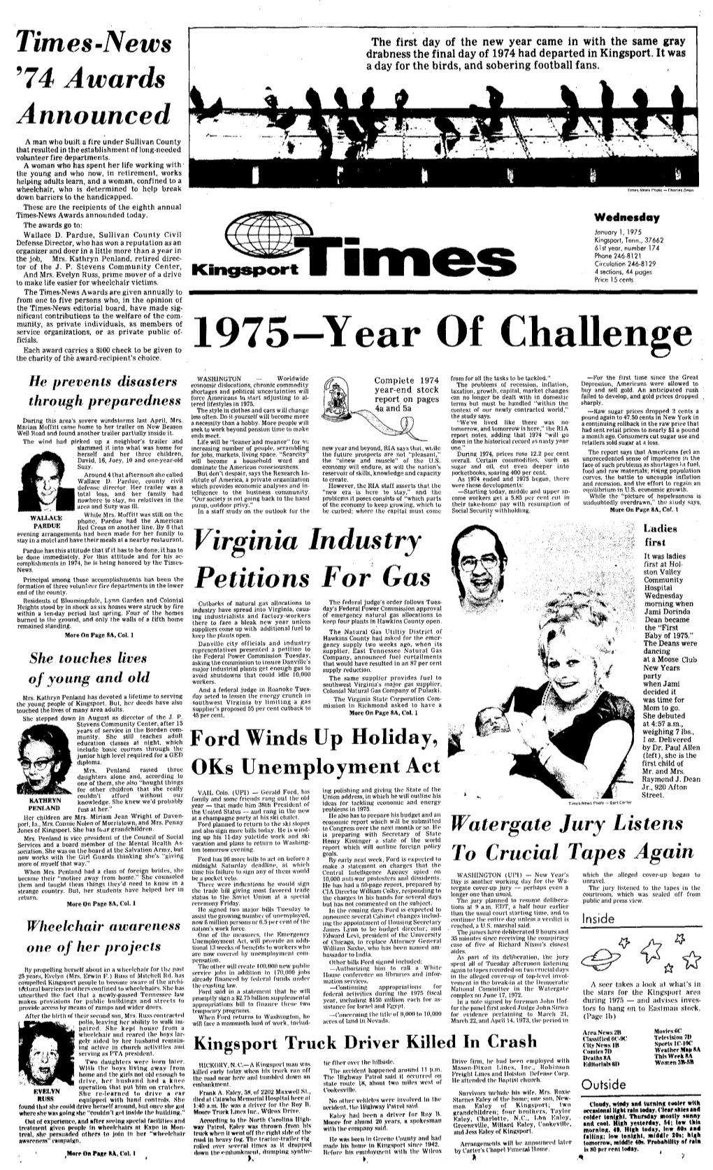 1975 Defense Director, Who Has Won a Reputation As an Kingsport, Tenn., 37662 Organizer and Doer in a Little More Than a Year in 61 St Year, Number 174 the Job, Mrs