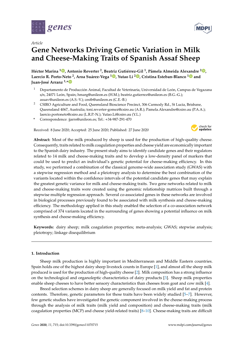 Gene Networks Driving Genetic Variation in Milk and Cheese-Making Traits of Spanish Assaf Sheep