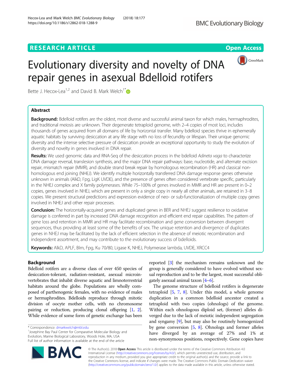 Evolutionary Diversity and Novelty of DNA Repair Genes in Asexual Bdelloid Rotifers Bette J