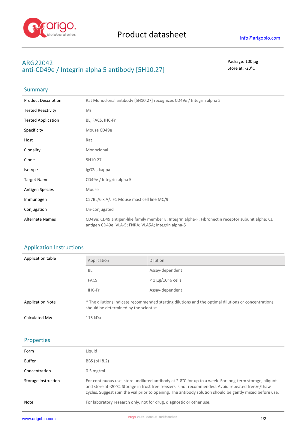 Anti-Cd49e / Integrin Alpha 5 Antibody [5H10.27] (ARG22042)