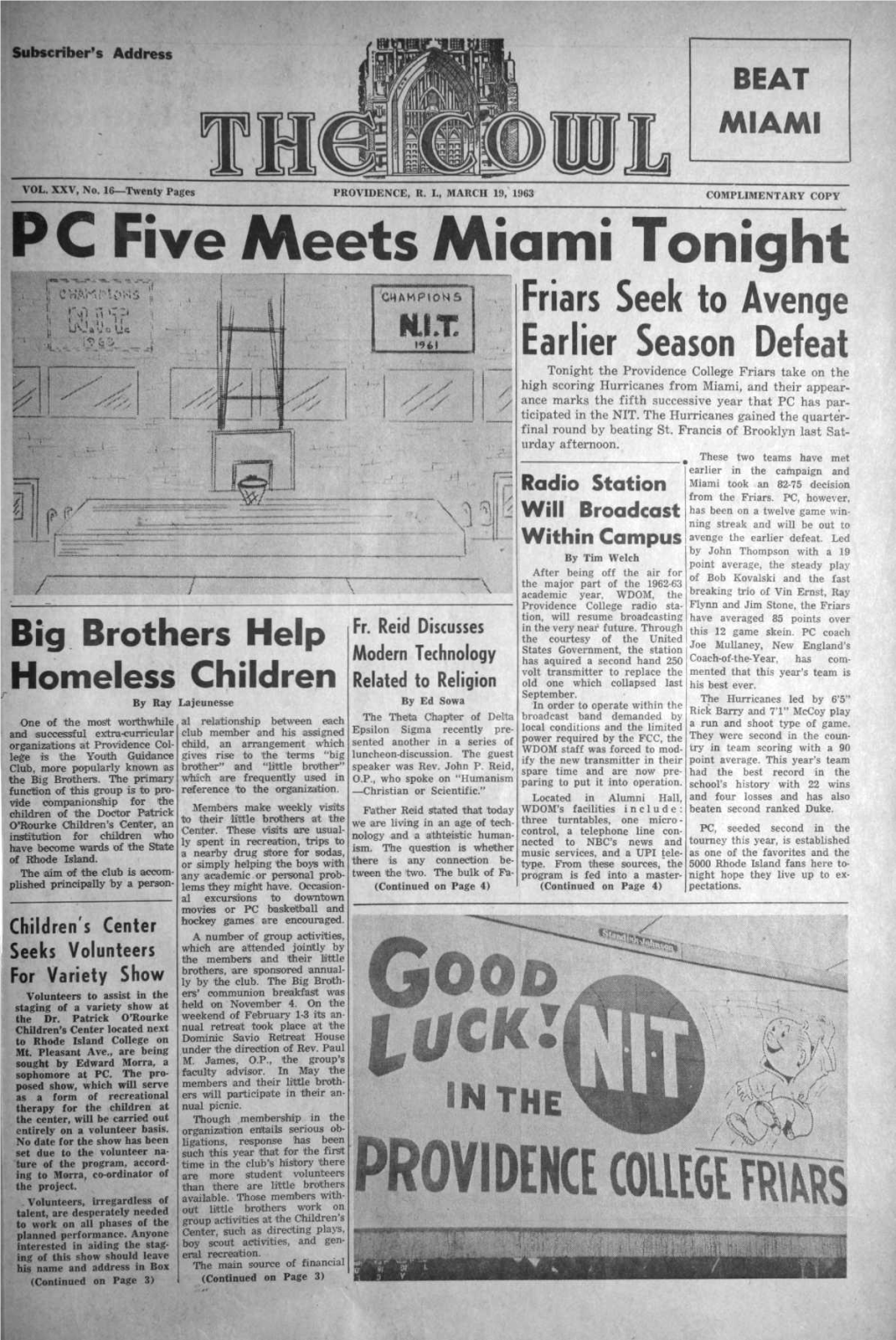 THE COWL, MARCH 19, 1963 an MEMO from the EDITOR Fr