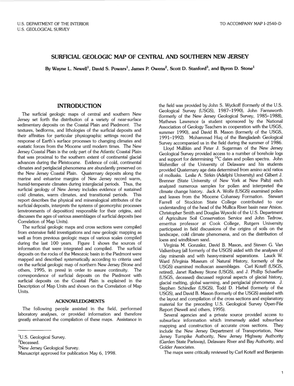 Surficial Geologic Map of Central and Southern New Jersey