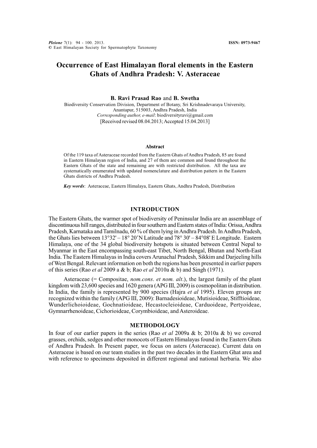 Occurrence of East Himalayan Floral Elements in the Eastern Ghats of Andhra Pradesh: V