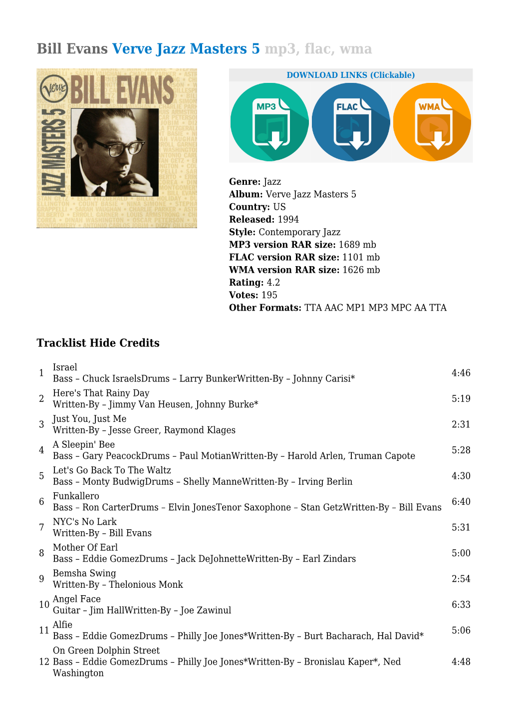 Bill Evans Verve Jazz Masters 5 Mp3, Flac, Wma