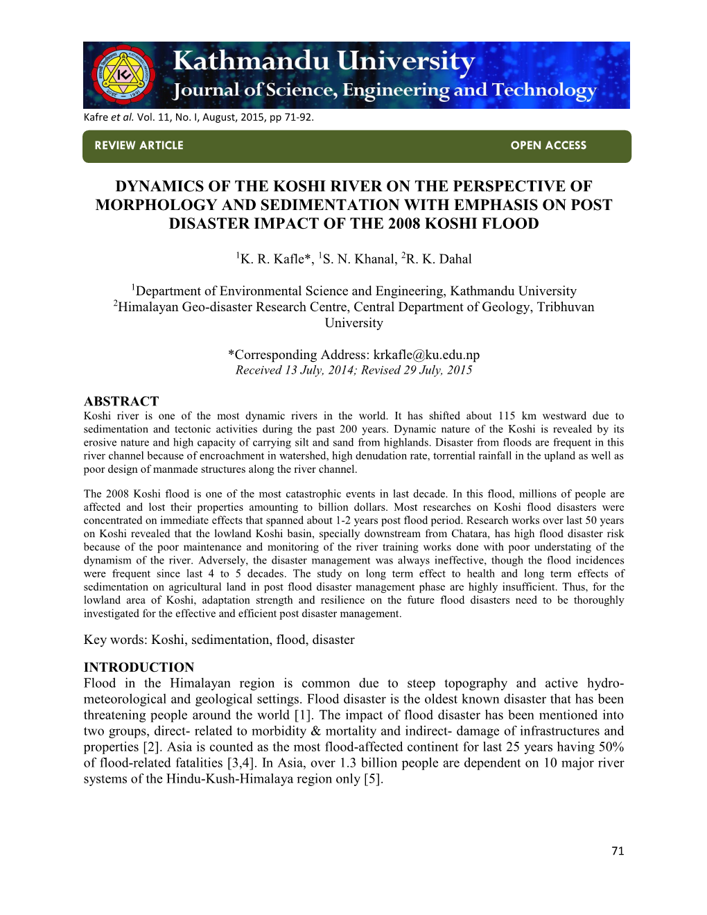 Dynamics of the Koshi River on the Perspective of Morphology and Sedimentation with Emphasis on Post Disaster Impact of the 2008 Koshi Flood