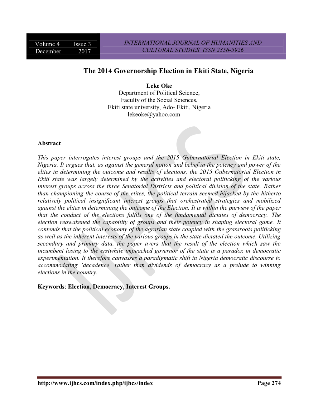 The 2014 Governorship Election in Ekiti State, Nigeria