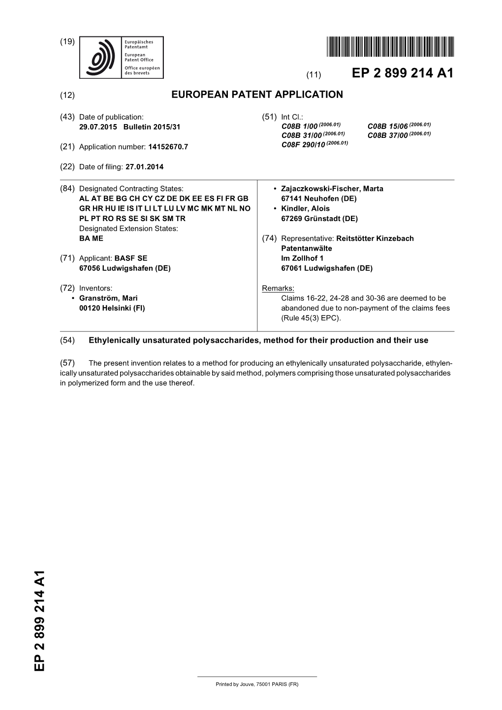 Ethylenically Unsaturated Polysaccharides, Method for Their Production and Their Use