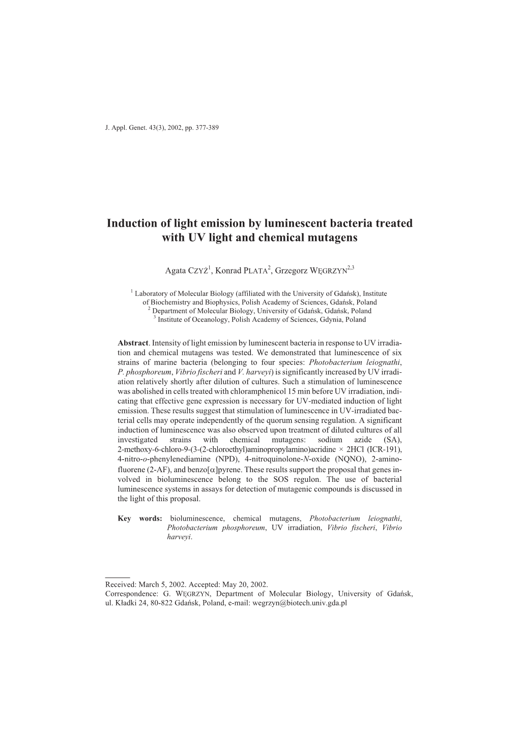 Induction of Light Emission by Luminescent Bacteria Treated with UV Light and Chemical Mutagens