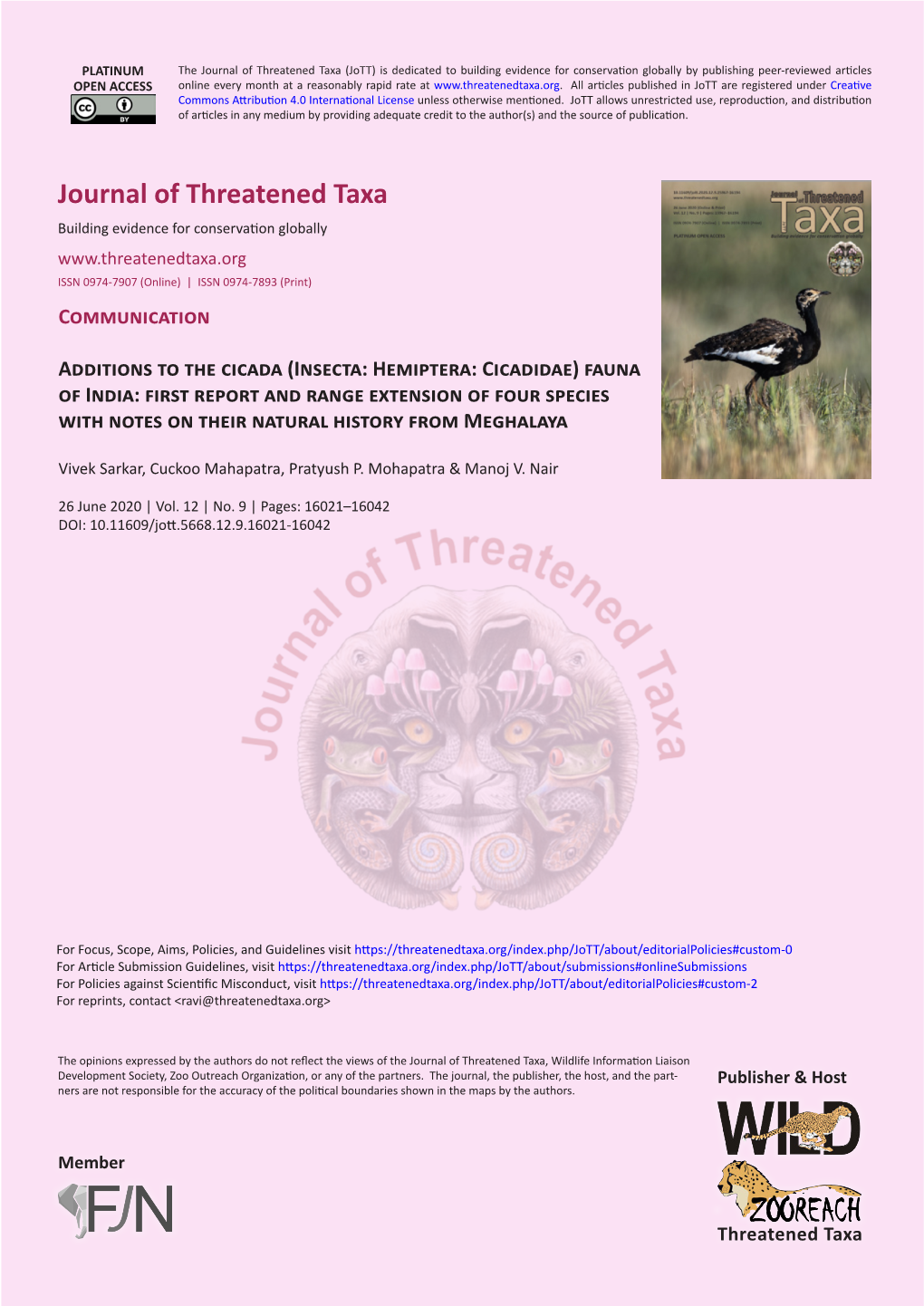 Journal of Threatened Taxa, 26 June