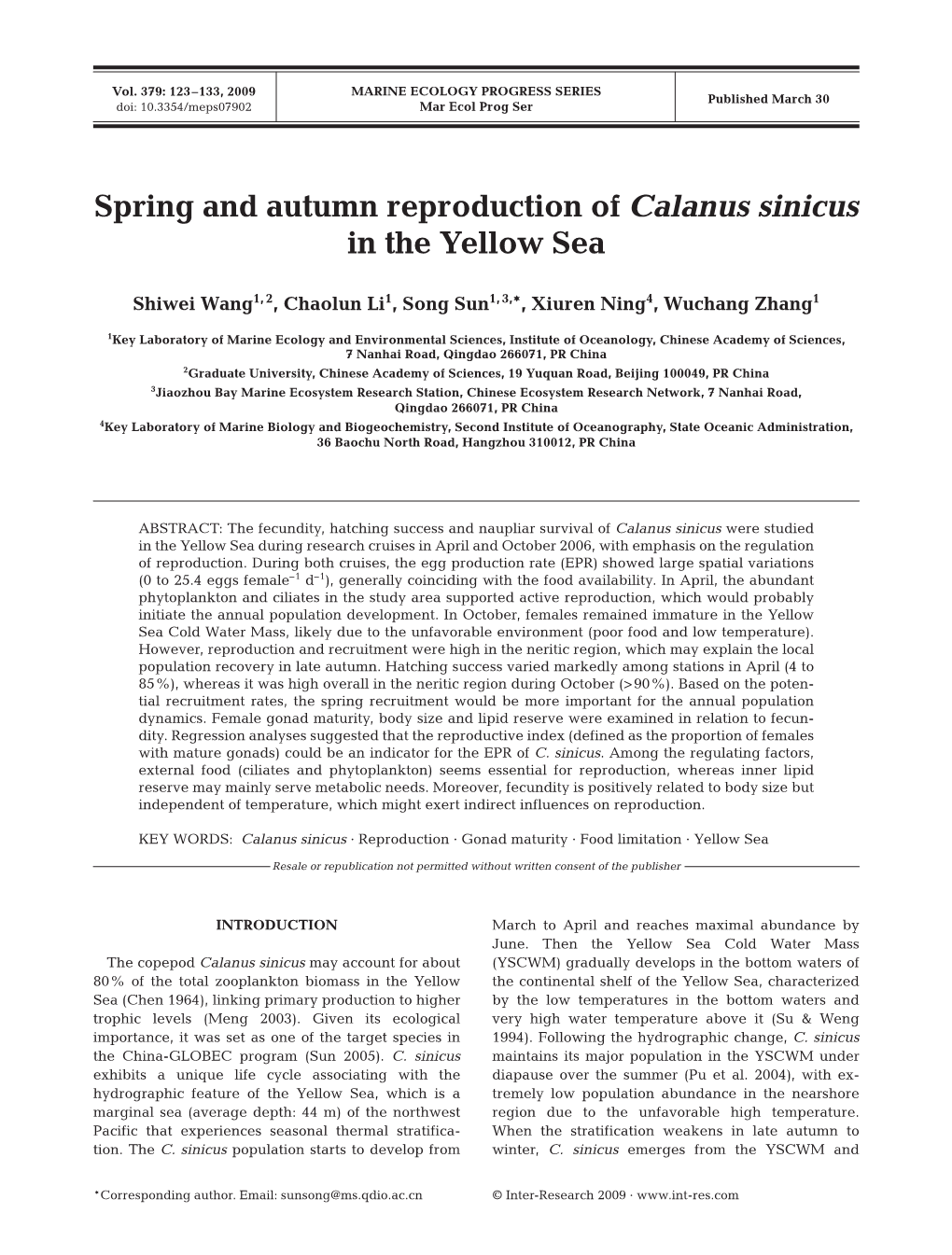 Spring and Autumn Reproduction of Calanus Sinicus in the Yellow Sea