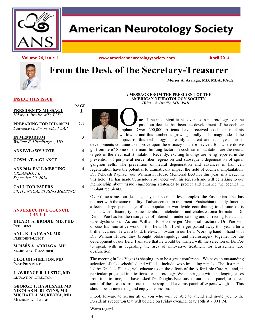 April 2014 from the Desk of the Secretary-Treasurer Moisés A