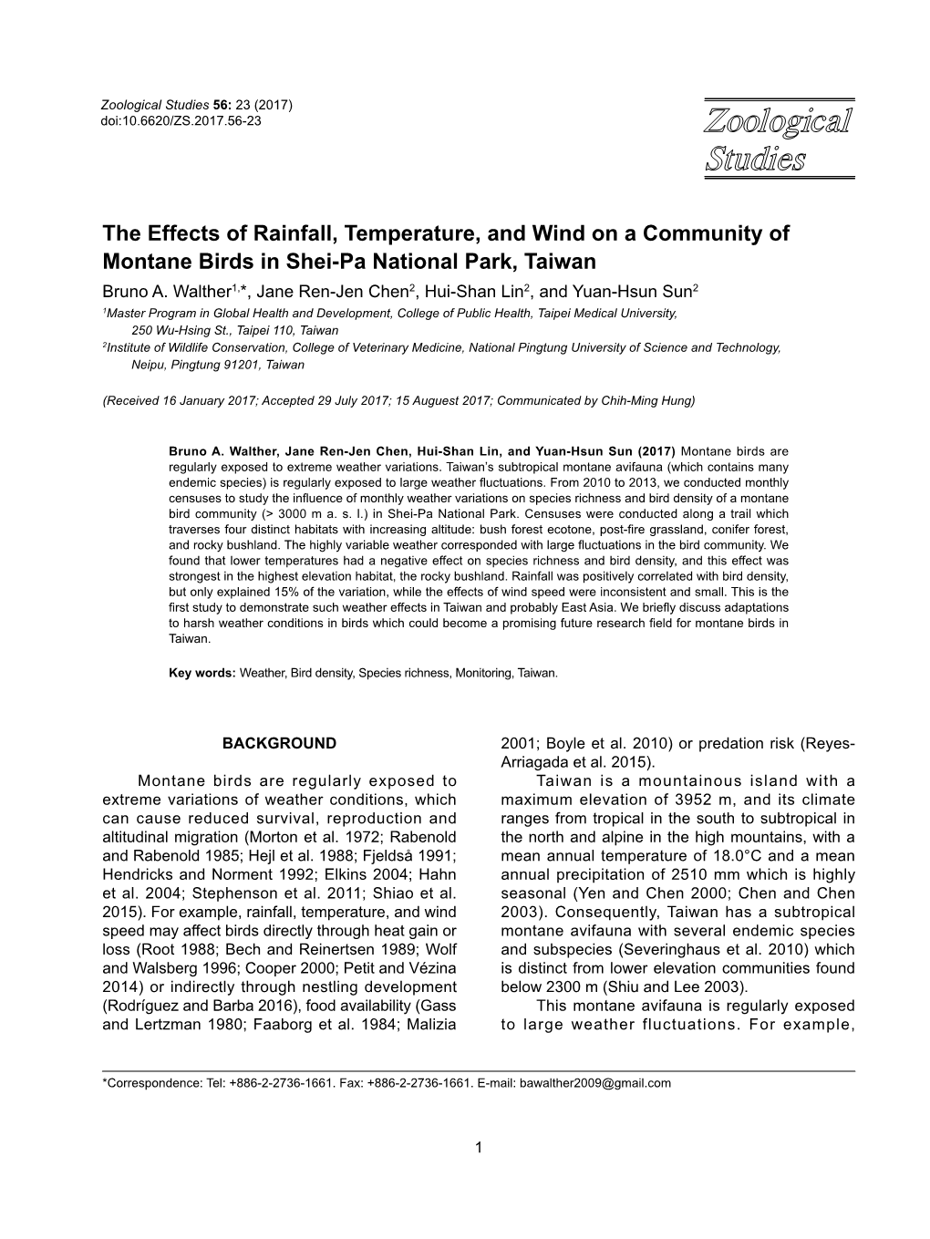 The Effects of Rainfall, Temperature, and Wind on a Community of Montane Birds in Shei-Pa National Park, Taiwan Bruno A