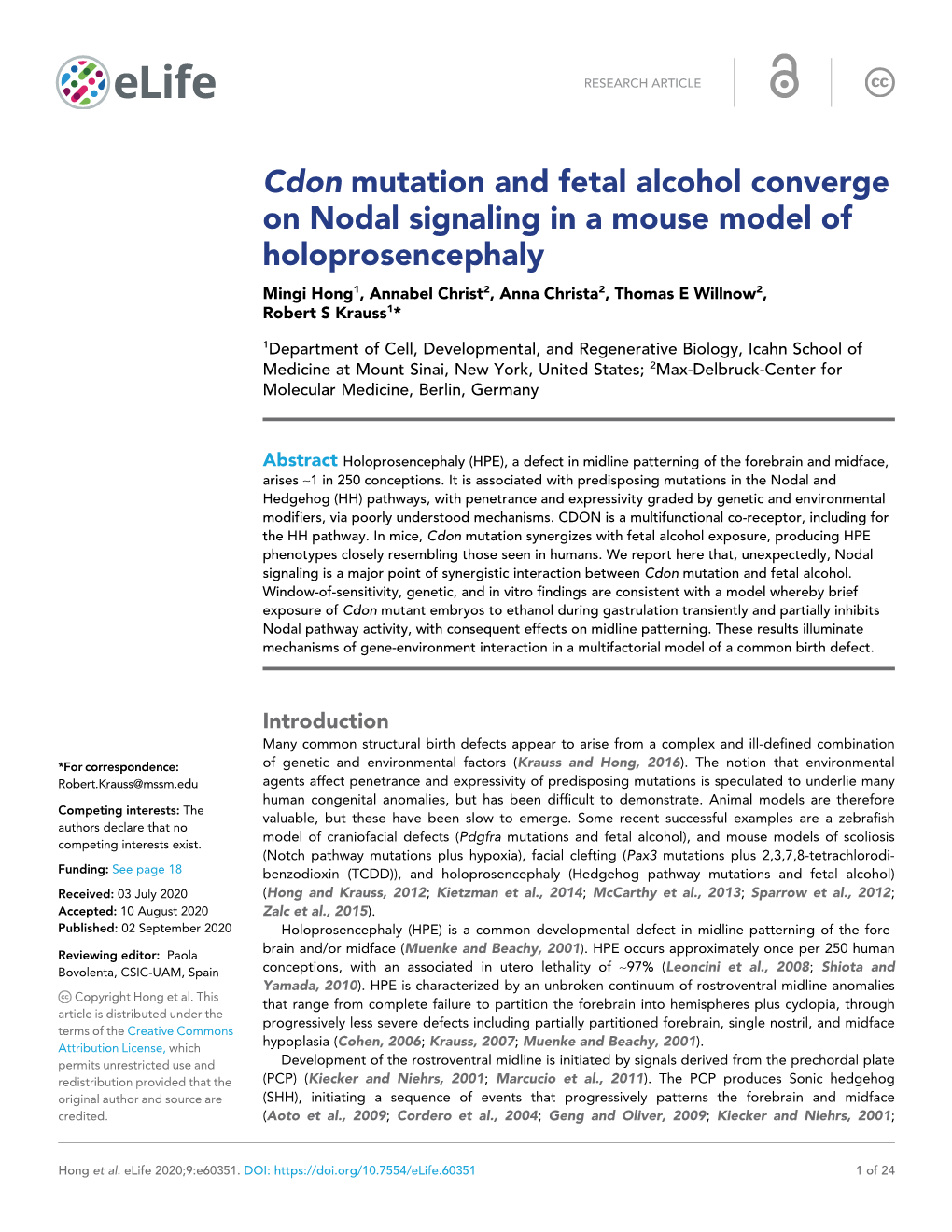 Cdon Mutation and Fetal Alcohol Converge on Nodal Signaling in a Mouse Model of Holoprosencephaly