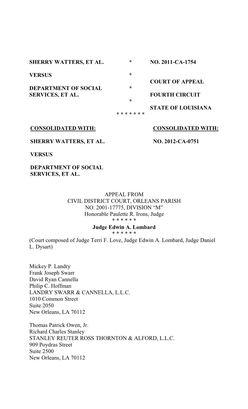 Document Generated from the Louisiana Court of Appeal, Fourth