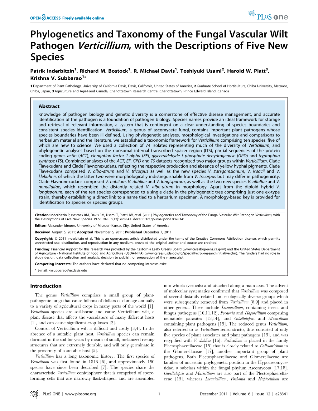 Phylogenetics and Taxonomy of the Fungal Vascular Wilt Pathogen Verticillium, with the Descriptions of Five New Species