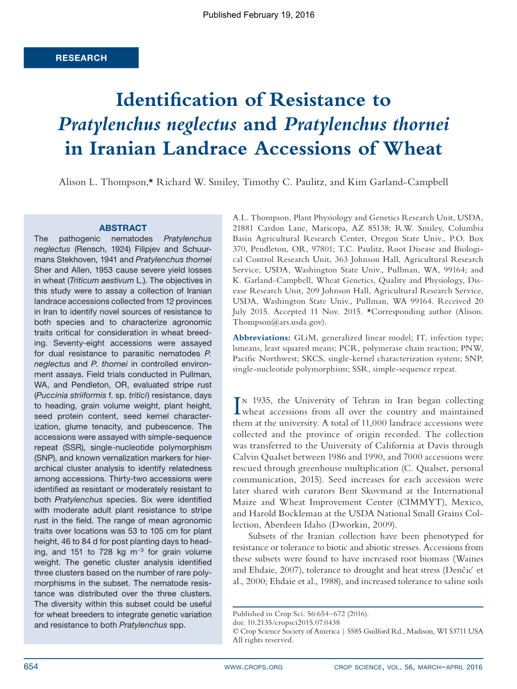 Identification of Resistance to Pratylenchus Neglectus and Pratylenchus Thornei in Iranian Landrace Accessions of Wheat