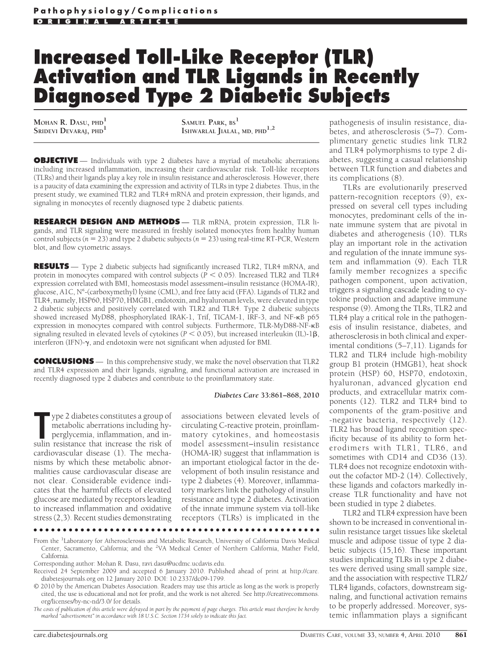 Activation and TLR Ligands in Recently Diagnosed Type 2 Diabetic Subjects