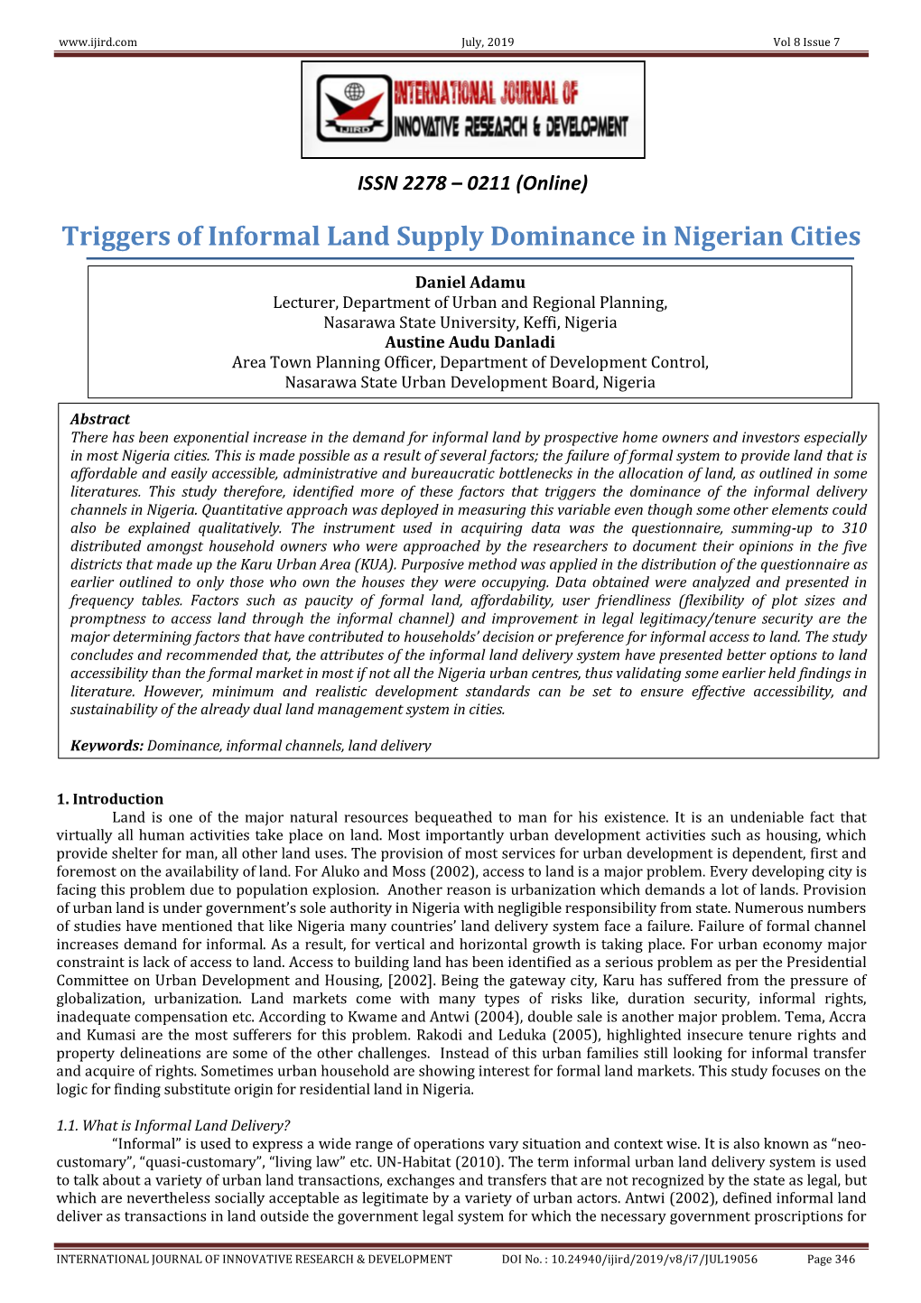 Triggers of Informal Land Supply Dominance in Nigerian Cities