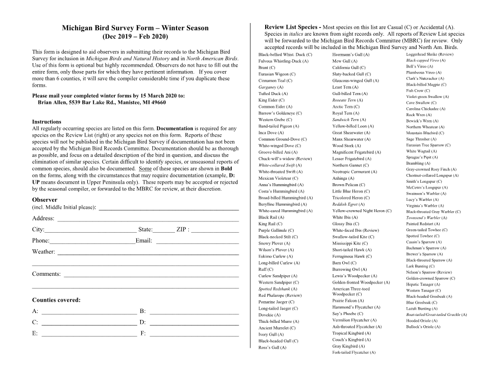 Michigan Bird Survey Form – Winter Season Review List Species - Most Species on This List Are Casual (C) Or Accidental (A)