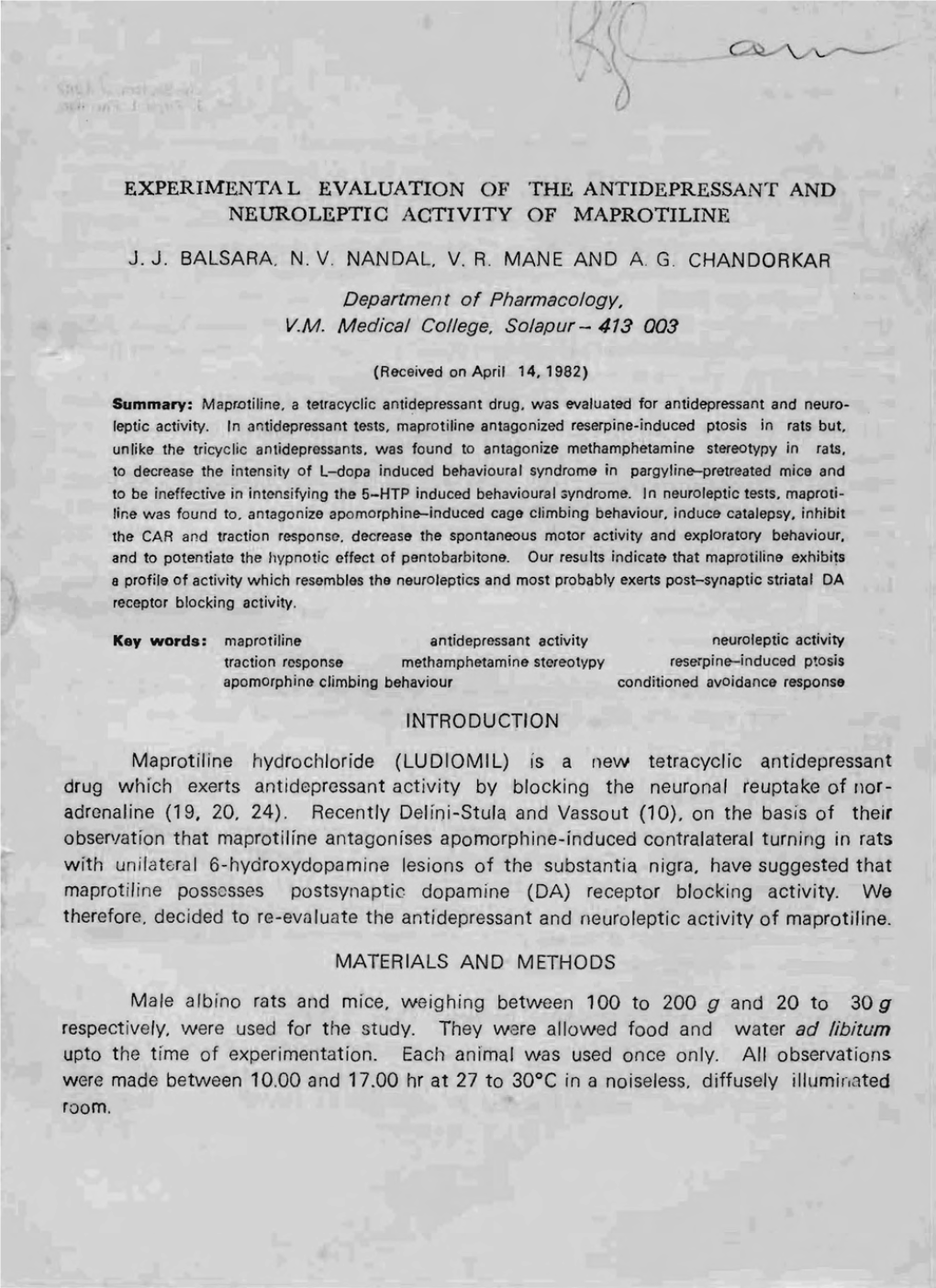 Experimental Evaluation of the Antidepressant and Neuroleptic Activity of Maprotiline