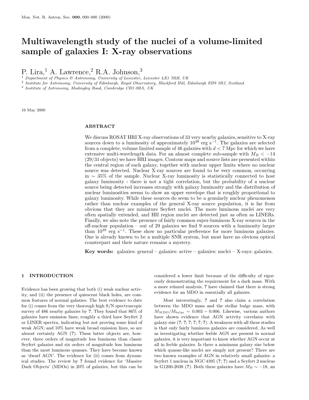 Multiwavelength Study of the Nuclei of a Volume-Limited Sample of Galaxies I: X-Ray Observations