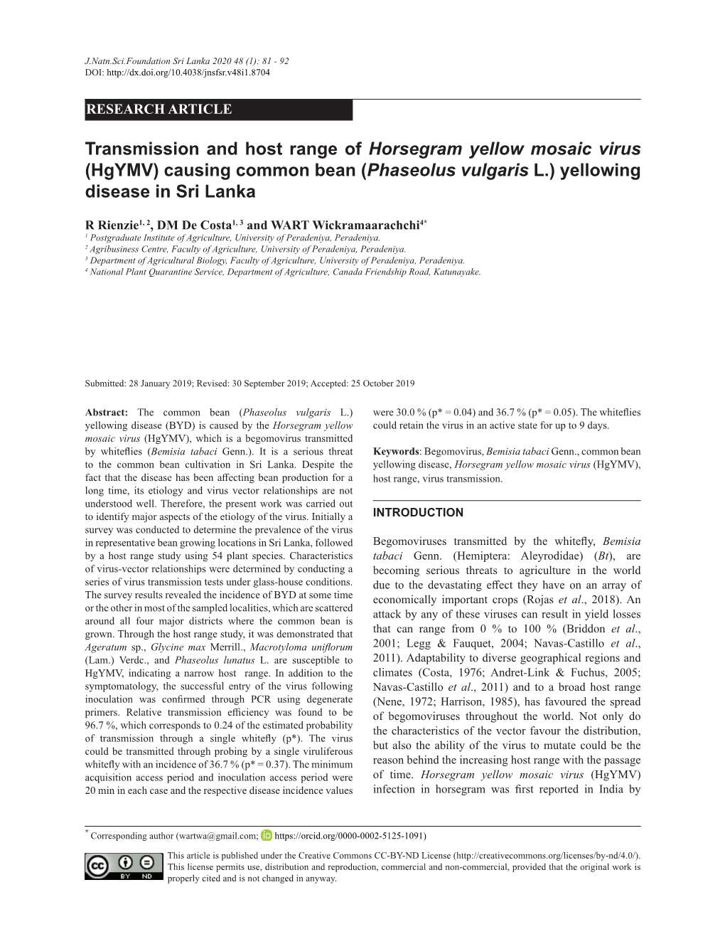 Transmission and Host Range of Horsegram Yellow Mosaic Virus