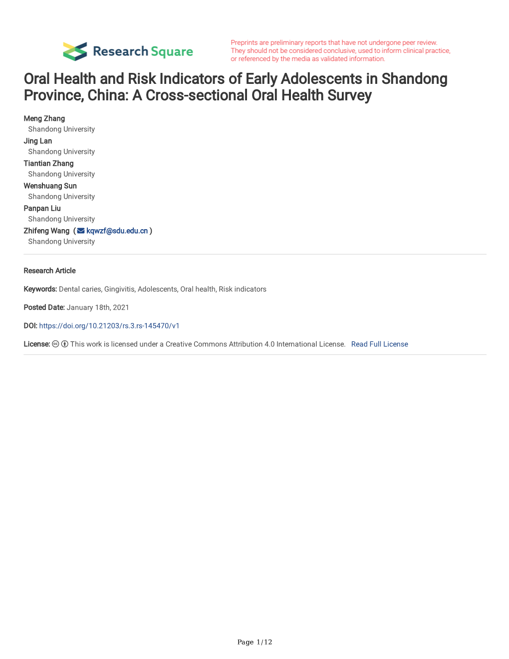 Oral Health and Risk Indicators of Early Adolescents in Shandong Province, China: a Cross-Sectional Oral Health Survey