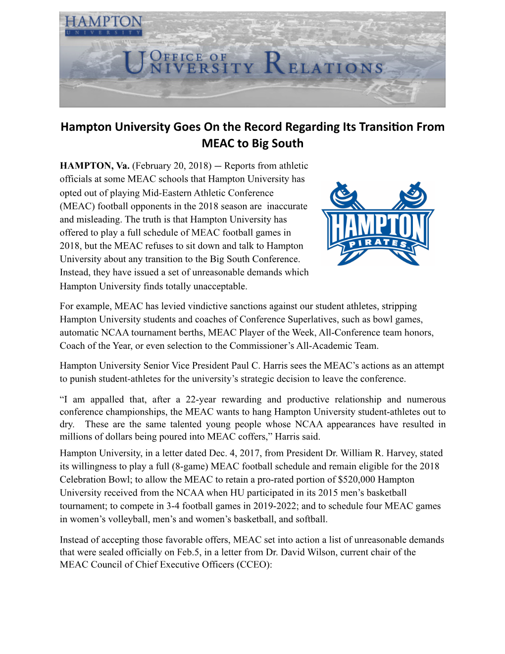 Hampton University Goes on the Record Regarding Its Transition from MEAC to Big South