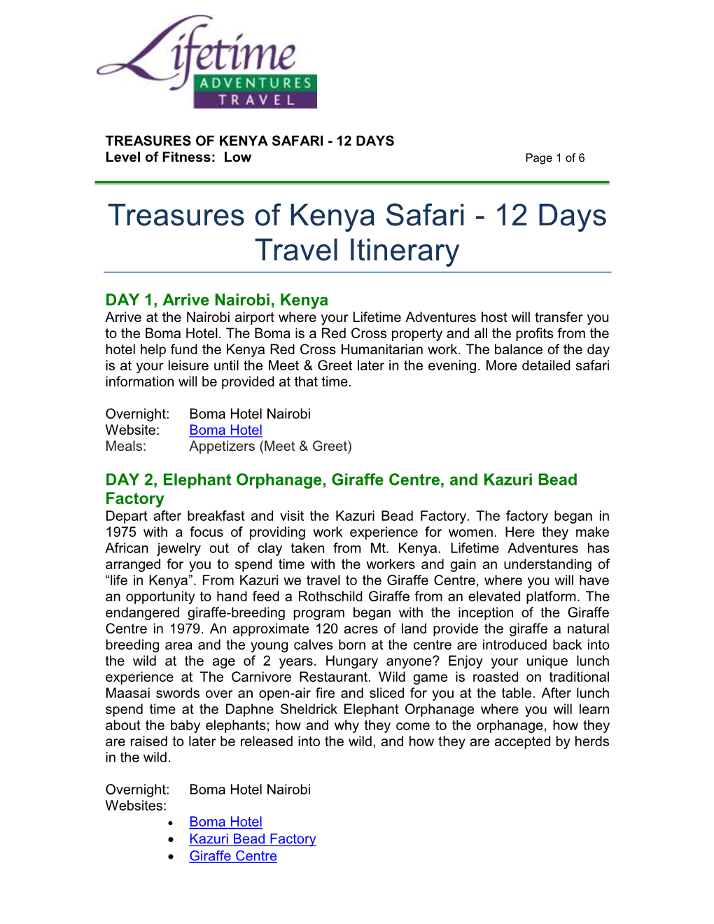 TREASURES of KENYA SAFARI - 12 DAYS Level of Fitness: Low Page 1 of 6