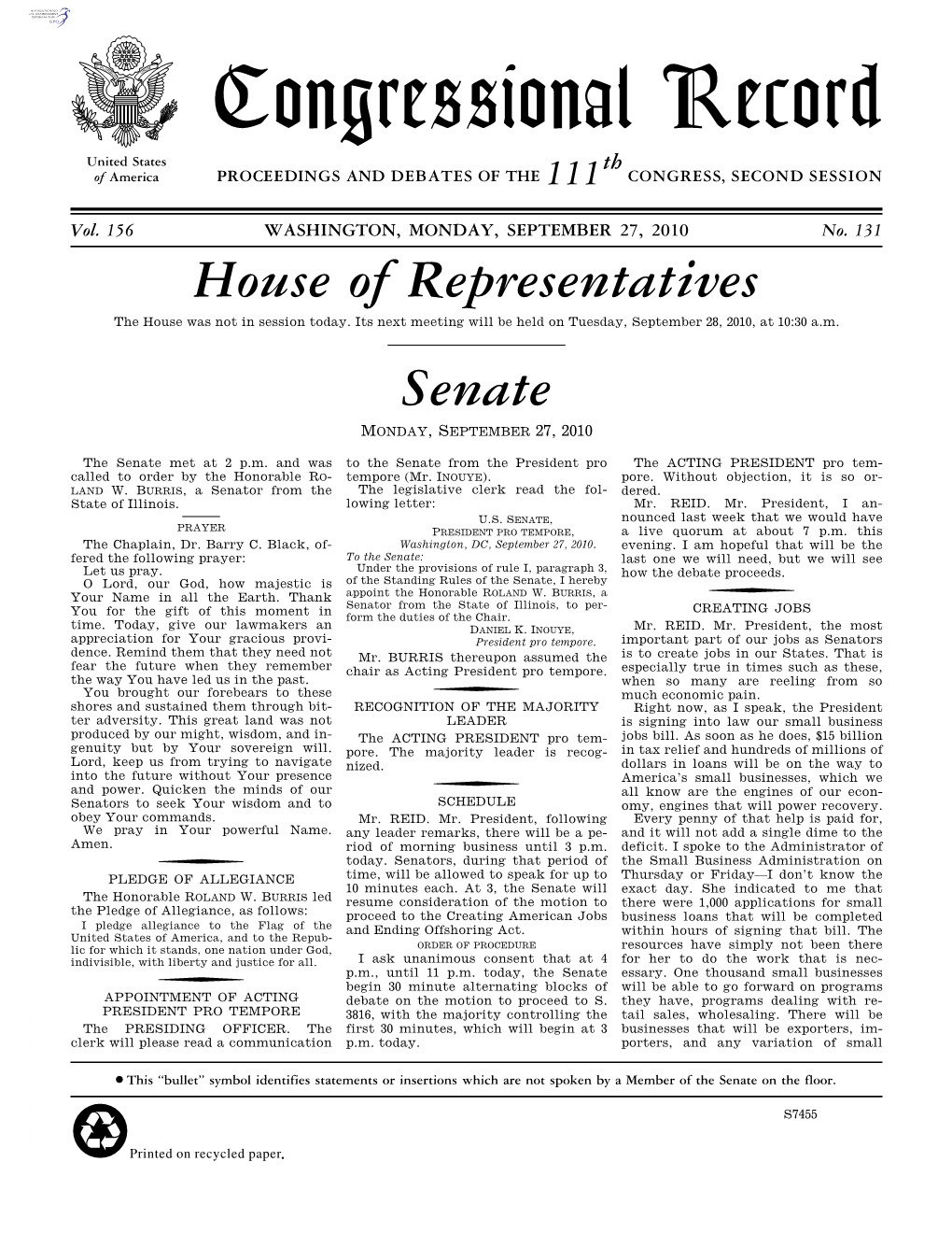 Congressional Record United States Th of America PROCEEDINGS and DEBATES of the 111 CONGRESS, SECOND SESSION