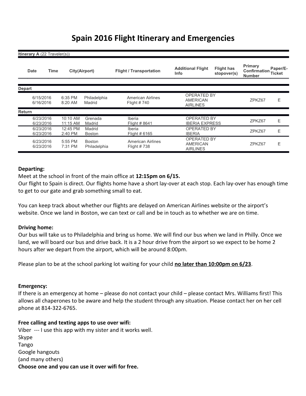 Spain 2016 Flight Itinerary and Emergencies